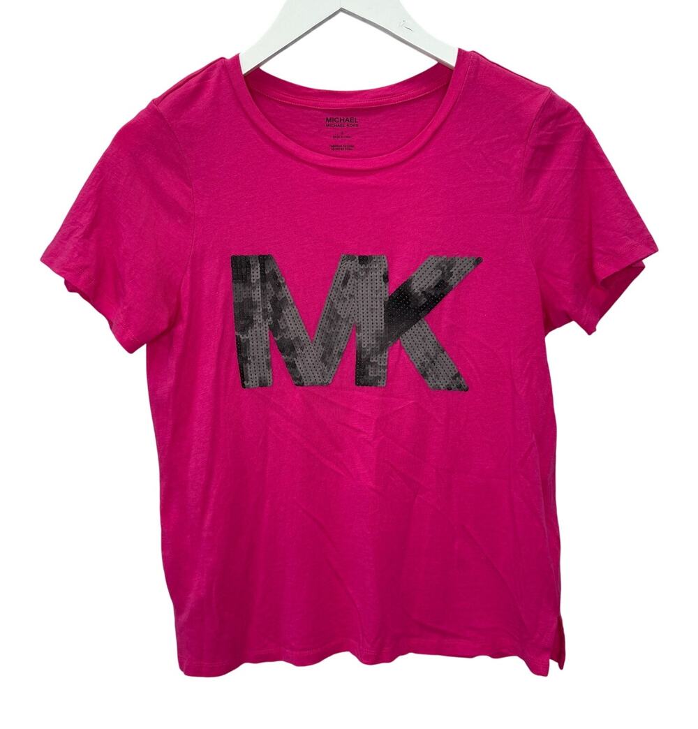 Michael Kors Black Sequin Logo T-Shirt Hot Pink Short Sleeve Size S